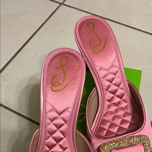 Sam Edelman Pink Satin Mules with Gold Buckle - Picture 2 of 9
